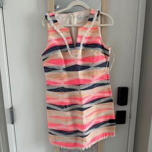 Trina Turk Delmi Jacquard Stripe Fringe Shift Sleeveless Dress Sz 10